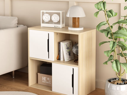 Storage Cabinet With Sliding Doors, 2 Tier Open And Closed Shelves Organizer - Natural / White
