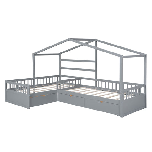L Shape Platform Bed With 3 Storage Drawers