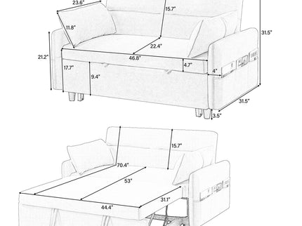 Pull Out Sleep Sofa Bed Loveseats Sofa Couch With Adjsutable Backrest, Storage Pockets, 2 Soft Pillows, USB Ports For Living Room, Bedroom, Apartment, Office