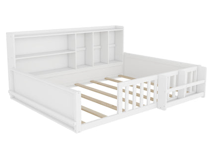 Platform Bed Frame With Guardrail, Storage Shelves & Bookshelf