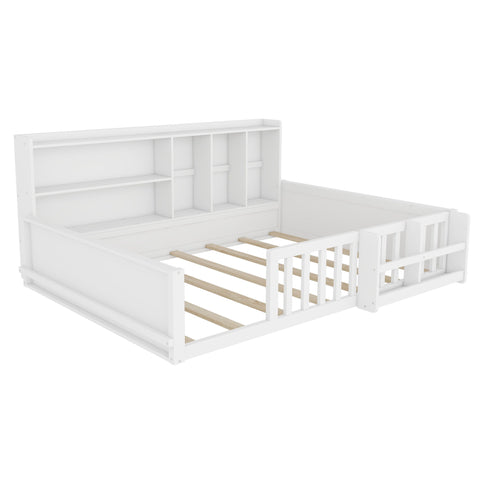 Platform Bed Frame With Guardrail, Storage Shelves & Bookshelf