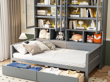 Daybed With Glass Door Storage Cabinets, Built In LED Lighting And Shelves