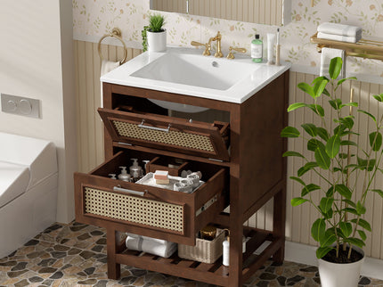 Modern Bathroom Vanity With Integrated Sink, Cabinet With 1 Deep Drawer And 1 Tip-Out Drawer