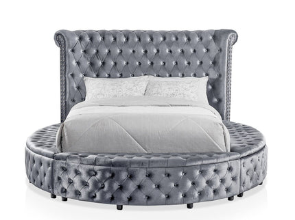 Glam Button Tufted Wingback Round Bed With Storage And USB Ports