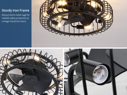 Flush Mount Ceiling Fan With Lights, Low Profile Fandelier With E12 Sockets, Reversible DC Motor, 6 Speeds - Black