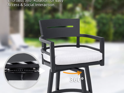 Modern Outdoor Patio Bar Set, Rounded Square Table & Bar Chairs, Non Rust Frame, Tapered Legs, Sunbrella Cushion