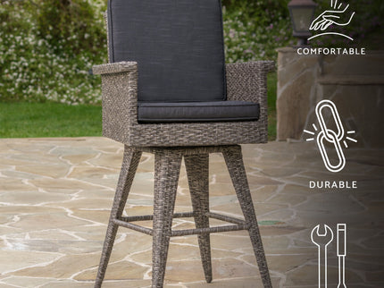 Outdoor Rattan Swivel Barstool With Water Resistant Cushion - Mixed Black / Dark Gray
