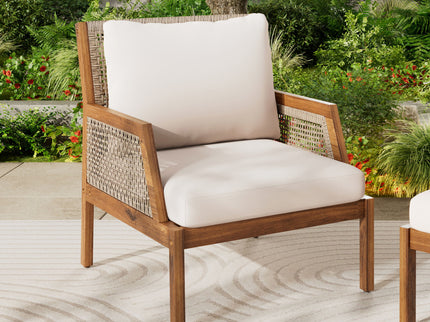 Acacia Wood Patio Furniture Club Chair, Outdoor Wicker Armchair, Deep Seating With Soft Cushions For Porch - Teak / Mix Brown