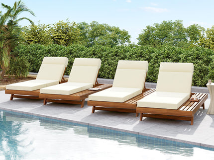 Acacia Wood Lounge Chaise Set With Headrest And Water Resistant Cushions - Beige