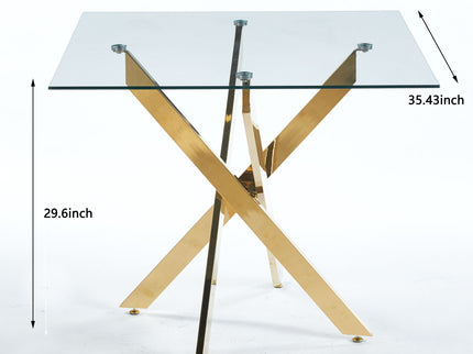 Dining Table With Cross Metal Leg And Tempered Glass, Modern Space Saving Kitchen Table For Living Room Legs, Square Table