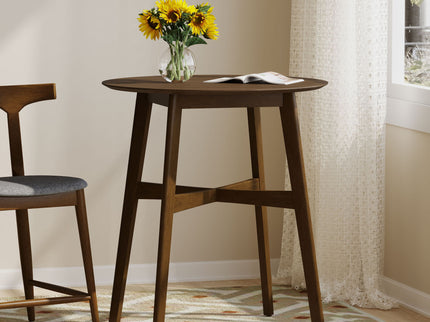 Round Counter Height Dining Table With Thick Rubberwood Legs And Support Beams - Walnut