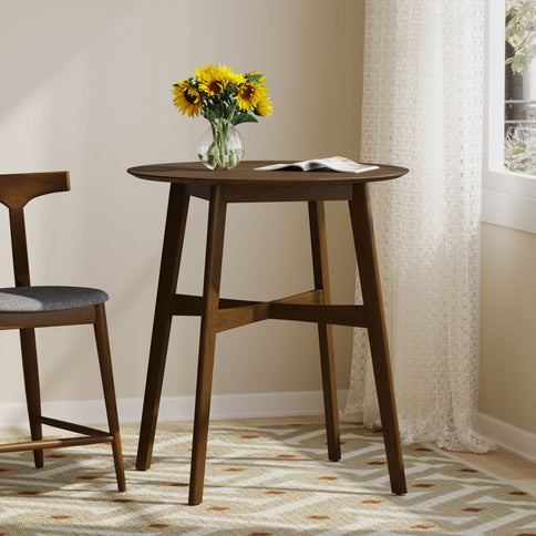 Round Counter Height Dining Table With Thick Rubberwood Legs And Support Beams - Walnut