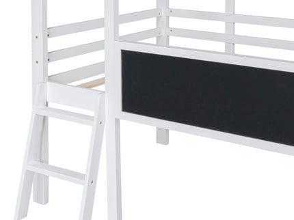 Loft House Bed With Ladder And Slide, With board And Light Strip On The Roof