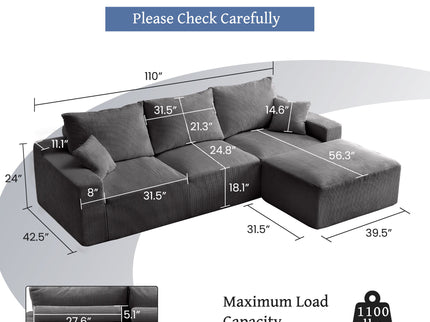 L Shaped Sectional Sofa, Full Compression 3 Seater Cloud Couch With Chaise