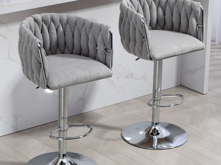 360 Degree Swivel Bar Stools Adjustable Counter Height Bar Chairs With Woven Back & Footrest, Silver Chromed Bar Stools For Kitchen Island (Set of 2) - Gray
