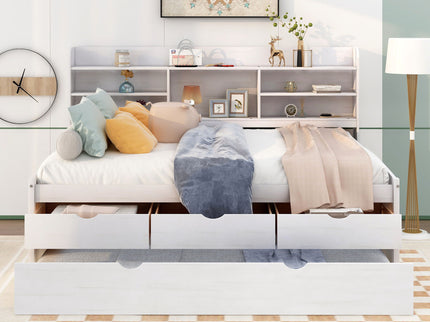 Captain Bed With Built In Bookshelves, 3 Storage Drawers, And Trundle