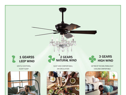 52" Crystal Shade Ceiling Fan Lamp, 3 Speed, 4 Timing, 5 Reversible Blades Crystal Ceiling Fan, 5 Pieces X E12 (No Include Bulb), Hand Pull Chain - Matte Black