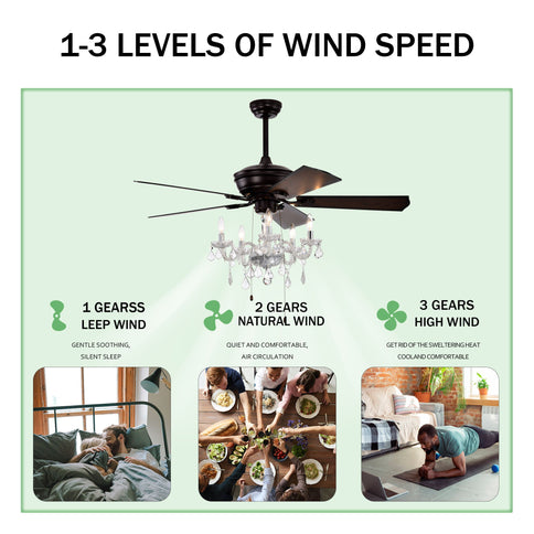 52" Crystal Shade Ceiling Fan Lamp, 3 Speed, 4 Timing, 5 Reversible Blades Crystal Ceiling Fan, 5 Pieces X E12 (No Include Bulb), Hand Pull Chain - Matte Black