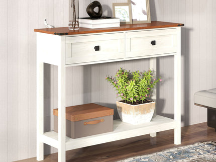 Farmhouse Style Console Table With 2 Drawers And Bottom Storage Shelf
