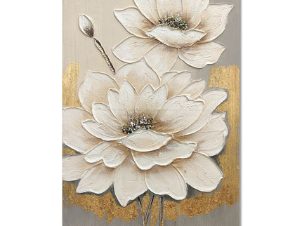 Lotus Flower Canvas Wall Art, Hand Painted Thick Textured Floral Painting With Accents, Neutral Decor For Living Room - Antique White / Gray