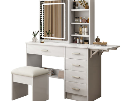 Fashion Vanity Desk With Mirror And Lights For Makeup, 5 Drawers, Adjustable Lighting - White