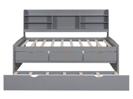 Captain Bed With Built In Bookshelves, 3 Storage Drawers, And Trundle
