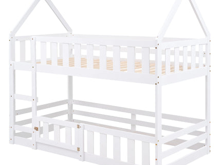 Twin Over Twin House Bunk Bed With Fence And Door