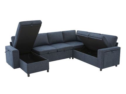 U - Shaped Convertible Sectional Sofa Bed With Storage, USB Charger & Cup Holders