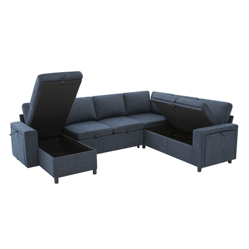 U - Shaped Convertible Sectional Sofa Bed With Storage, USB Charger & Cup Holders