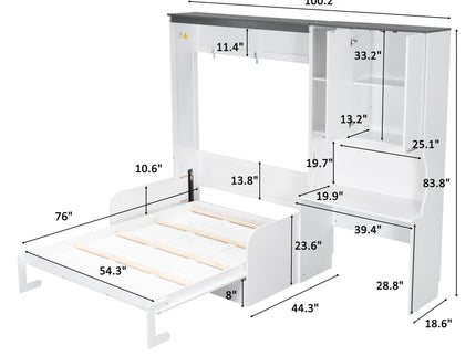 Multi Functional Murphy Bed With Sofa, Desk, And Storage Cabinet In, Full Size - White