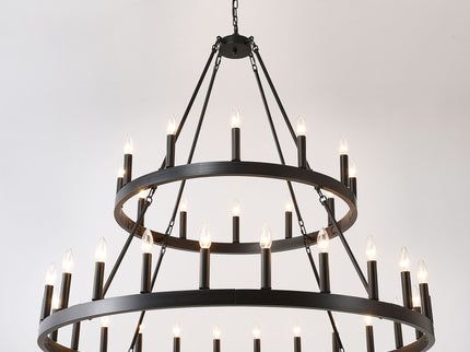 2 Tiers Wagon Wheel Chandelier Wooden Farmhouse 36 Light (24 / 12) Or (12 / 24) Metal Chandeliers 2 Story Light Fixtures Industrial For High Ceiling Living Dining Room Foyer, Adjustable Height - Black