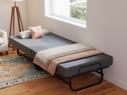 Twin Folding Bed With Memory Foam Mattress, 4 Lockable Wheels - Gray