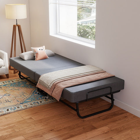 Twin Folding Bed With Memory Foam Mattress, 4 Lockable Wheels - Gray