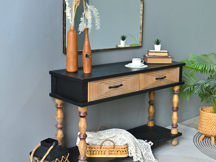 Accent Carved Console Table With Open Shelf And 2 Drawers Living Room - Black / Natural Wood Wash
