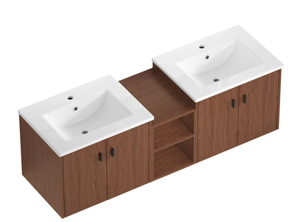 Soft Close Doors Bathroom Vanity With Small Storage Shelves, 24" And 12" Combination Cabinet - Reddish Brown