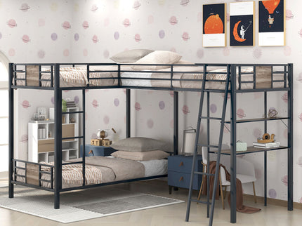 L-Shaped Twin Over Twin Bunk Bed With Twin Size Loft Bed With Desk And Shelf - Brown