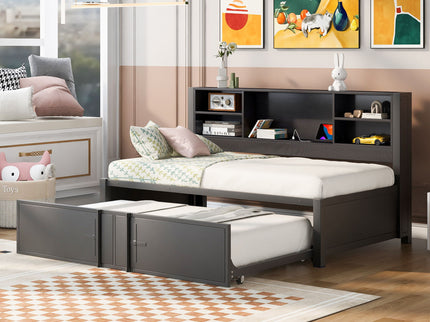 Industrial Metal Daybed With Trundle, Storage Shelves, USB Ports