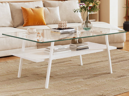 Rectangle Coffee Table, Tempered Glass Tabletop With Metal Legs, Modern Table For Living Room