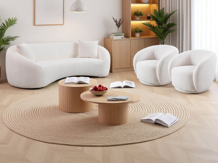 3 Piece Set Curved Sofa, Upholstered 3 Seater With Tight Curved Back For Living Room - White