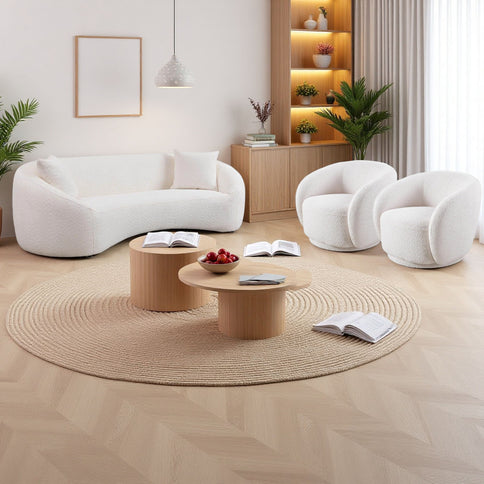 3 Piece Set Curved Sofa, Upholstered 3 Seater With Tight Curved Back For Living Room - White
