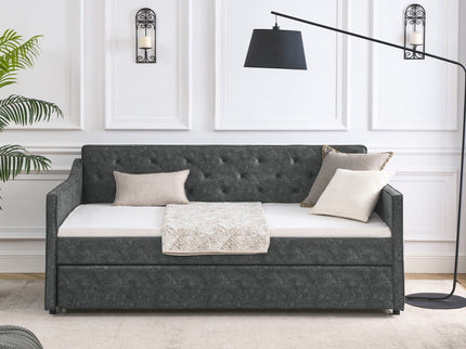 Twin Upholstered Daybed With Trundle, Waved Arms - Gray
