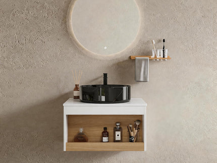 Floating Bathroom Vanity With Vessel Sink With Open Shelf Storage