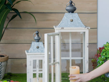 Wooden Candle Lantern Decorative, Hurricane Lantern Holder Decor For Indoor Outdoor, Home Garden - Ivory