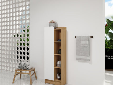 Tall Freestanding Bathroom Side Cabinet With Single Door & 4 Tier Open Shelves - Black / Light Oak / White