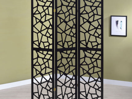 3 Panel Folding Screen With Mosaic Cutout Design - Black