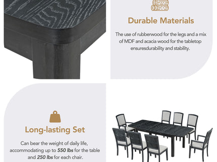 Topmax - Rustic Extendable Dining Table Set With Removable Leaf, 6 Upholstered Armless Dining Chairs And 2 Padded Arm Chairs, 9 Pieces