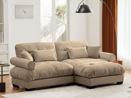 Modern Sectional Sofa With Ottoman, Round Bolster Armrests, Waist And Throw Pillows