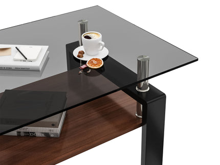 Modern Rectangular Coffee Table With Tempered Transparent Glass Top And Storage Shelf