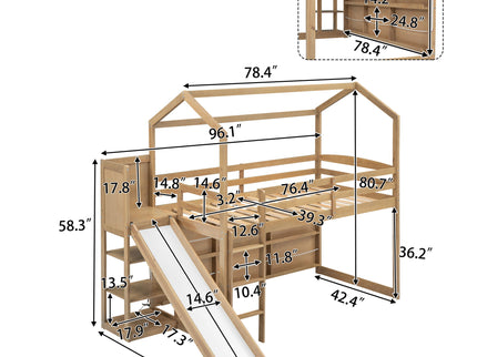 House Loft Bed With Slide, Storage Shelves And Light, Climbing Ramp