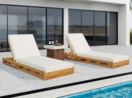 Premium Acacia Wood Lounge Chaise Set With Water Resistant Cushions, Adjustable Recline - Cream / Teak